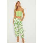 Cool & Sexy Kadın Ekru-Yeşil Desenli Keten Şalvar Pantolon K1253