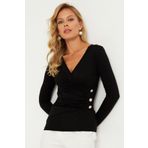 Cool & Sexy Kadın Siyah Düğme Detaylı Kruvaze Bluz EY2865