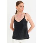 Cool & Sexy Kadın Siyah İp Askılı Parlak Bluz RSP1094