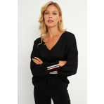 Cool & Sexy Kadın Siyah Şerit Detaylı V Yaka Sweatshirt EY2905