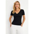 Cool & Sexy Siyah Kaşkorse V Yaka Dantel Detaylı Kısa Kollu Bluz
