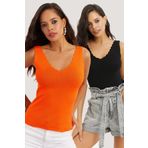 Cool & Sexy YV123 Kadın Siyah-Turuncu İkili Merdiven Yaka Triko Bluz