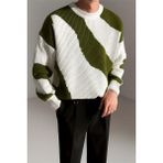 Cool Street Erkek Haki-Beyaz Regular Fit Triko Kazak - Haki - Beyaz