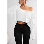 COOL TARZ Beyaz Kadın Düşük Omuz Kayık Yaka Oversize Uzun Kollu Crop T-Shirt