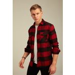 Cool Tarz CPODG001 Kırmızı Erkek Slim Fit Düğmeli Yaka Çift Cepli Oduncu Ekose Gömlek