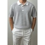 Cool Tarz Erkek Beyaz Çizgili Düğmeli Regular Fit Triko T-Shirt - XL