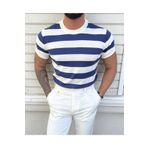 COOL TARZ Erkek Beyaz-Saks Çizgili Normal Kalıp Triko T-Shirt