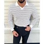Cool Tarz Erkek Çizgili Polo Yaka Triko Kazak - Beyaz - M