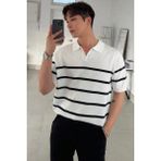 Cool Tarz Erkek Düğmeli Polo Yaka Çizgi Detaylı Slim Fit Triko T-Shirt - Beyaz