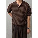 COOL TARZ Erkek Kahverengi Çizgili Düğmeli Regular Fit Triko T-Shirt
