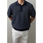 Cool Tarz Erkek Lacivert Çizgili Düğmeli Regular Fit Triko T-Shirt - XL