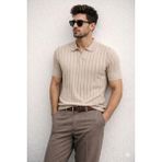 Cool Tarz Erkek Polo Yaka Ince Triko Tişört Yazlık Rahat Kalıp - Bej - XL
