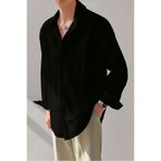 COOL TARZ Erkek Siyah Bürümcük Slim Fit Gömlek Yaka Uzun Kollu Gömlek
