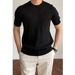COOL TARZ Erkek Siyah Fitilli Slim Fit Bisiklet Yaka Triko T-Shirt