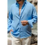 Cool Tarz Erkek Uzun Kollu Gömlek Yaka Keten Oversize Gömlek - Mavi - XL