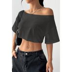 COOL TARZ Kadın Antrasit Kayık Yaka Oversize Crop T-Shirt