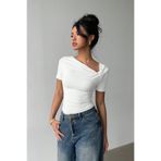 COOL TARZ Kadın Beyaz Çapraz Yaka Kısa Kollu Slim Fit Bluz