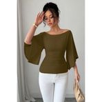 COOL TARZ Kadın Haki Kayık Yaka Flare Kol Drapeli Fit Bluz