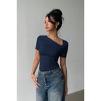 COOL TARZ Kadın Lacivert Çapraz Yaka Kısa Kollu Slim Fit Bluz