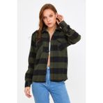 Cool Tarz KCPODG001 Haki Kadın Slim Fit Düğmeli Yaka Çift Cepli Oduncu Ekose Gömlek