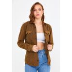 Cool Tarz KCPODG001 Hardal Kadın Slim Fit Düğmeli Yaka Çift Cepli Oduncu Düz Gömlek