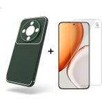 Coolacs Honor Magic 8 Lite ile Uyumlu Karbon Tasarım Silikon Telefon Kılıfı ve Temperli Cam Ekran Koruyucu - Koyu Yeşil