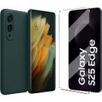 Coolacs Samsung Galaxy S25 Edge ile Uyumlu Kılıf Esnek Premium Telefon Kılıfı ve Temperli Cam Ekran Koruyucu - Koyu Yeşil