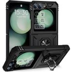 Coolacs Samsung Galaxy Z Flip 6 ile Uyumlu Kılıf Tam Koruma Yüzüklü Standlı Tank Gövdeli Telefon Kılıfı Kapak - Siyah