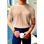coolart Erkek Toro Çizgili Likralı Slim Fit T-Shirt - Bej Örme Triko Tişört Bisiklet Yaka