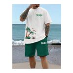 coolart Hawaii Palm T-Shirt Şort - Beyaz Nefti Yeşil Alt Üst Takım Şort Tişört Kombin Baskılı Bisiklet Yaka