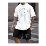 coolart Renkli Kart T-Shirt Şort - Beyaz Siyah Alt Üst Takım Şort Tişört Kombin Baskılı Bisiklet Yaka