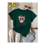 coolart Sevimli Baykuş Tişört - Nefti Yeşil Baskılı Oversize Yazlık Kısa Kol T-Shirt Bisiklet Yaka