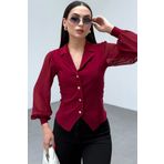 CoolLook Metal Düğmeli Kolları Uzun Şifon Tül Balon Bel Oturtmalı Kalıp Ceket Yaka Esnek Bluz