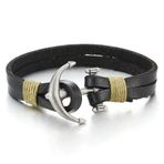 COOLSTEELANDBEYOND Erkek Kadın Marine Çapa Sarma Bileklik Ter Bandı, İki İpli, Siyah Deri Kayış, Denizci Mavisi, 21 centimeters, Deri, Uygulanmaz.