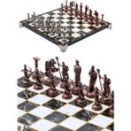 Cooper Chess Metal Satranç Takımı | 25CM Mermer Desenli Satranç Tahtası | Mitolojik Tanrı Figürlü Roma Okçu - Bronz - Gümüş