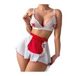 Cooqpoo Beyaz Kırmızı S/M-L/XL Beden Göğsü Fiyonklu Etekli Jartiyer Takım BEYAZ S/M