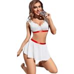 Cooqpoo Beyaz S/M-L/XL Beden Kırmızı Etekli Sütyen Tanga Jartiyer Takım BEYAZ L/XL