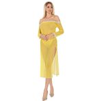 Cooqpoo Sarı S/M-L/XL Beden Düşük Omuz Transparan Uzun Tül Gecelik SARI S/M