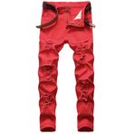 COOSVEN Erkek Yırtık Kot, Dar Kesim Düz Bacak, Delikli Kot Pantolon, Red01 - Esnek, 46