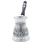 Copperdone Çiçek El Işlemeli Uzun Bakır Cezve Antik Gümüş Küçük Boy