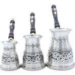 Copperdone Çiçek El Işlemeli Uzun Bakır Cezve Seti 3 Lü Indüksiyon Ocak Uyumlu Antik Gümüş
