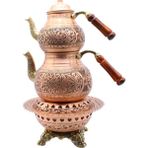 Copperdone Gaziantep Ağır El Işlemeli Büyük Boy Bakır Çaydanlık ve Işlemeli Bakır Çaydanlık Isıtıcı Seti Antik Bakır Renk Model 3