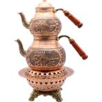 Copperdone Gaziantep Ağır El Işlemeli Büyük Boy Bakır Çaydanlık ve Işlemeli Bakır Çaydanlık Isıtıcı Seti Antik Bakır Renk Model 4