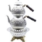 Copperdone Gaziantep Ağır El Işlemeli Büyük Boy Bakır Çaydanlık ve Işlemeli Bakır Çaydanlık Isıtıcı Seti Antik Gümüş Renk Model 2