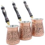 Copperdone Gaziantep El Işlemesi Etnik Desenli Eskitme Bakır Cezve Antik Bakır Renk 3 Lü Cezve Seti
