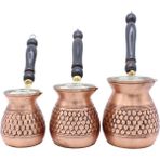 Copperdone Gaziantep El Işlemesi Petek Desenli Bakır Cezve Antik Bakır Renk Bakır 3 Lü Cezve Seti