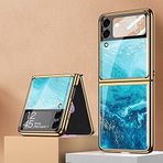 COQUE Galaxy Z Flip 3 5G Kılıf, Ultra İnce 9H Cam Parlak Boyalı Cep Telefonu Kabuğu, Samsung Galaxy Z Flip 3 5G için Katlanır Telefon Kılıfı, Deniz mavisi
