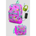 Coral High 23261 Kids Açık Pembe Makaron Desenli Dört Bölmeli USB Şarjlı Kulaklık Çıkışlı 2'li Çanta Seti