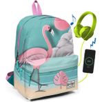 Coral High 23423 - Yeşil - Bej Yeşil Flamingolu Üç Bölmeli USB Şarjlı Kulaklık Çıkışlı Sırt Çantası