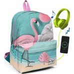 Coral High 23423 Yeşil Flamingolu Üç Bölmeli Usb Şarjlı Kulaklık Çıkışlı Sırt Çantası